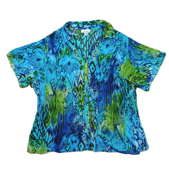 Dressbarn Women's Blouse Size 18/20 Pleated Semi Sheer Aqua Multi Color V-Neck - Picture 1 of 10